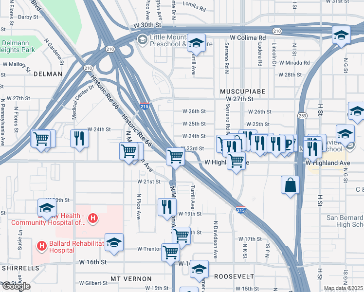 map of restaurants, bars, coffee shops, grocery stores, and more near 1286 West 23rd Street in San Bernardino