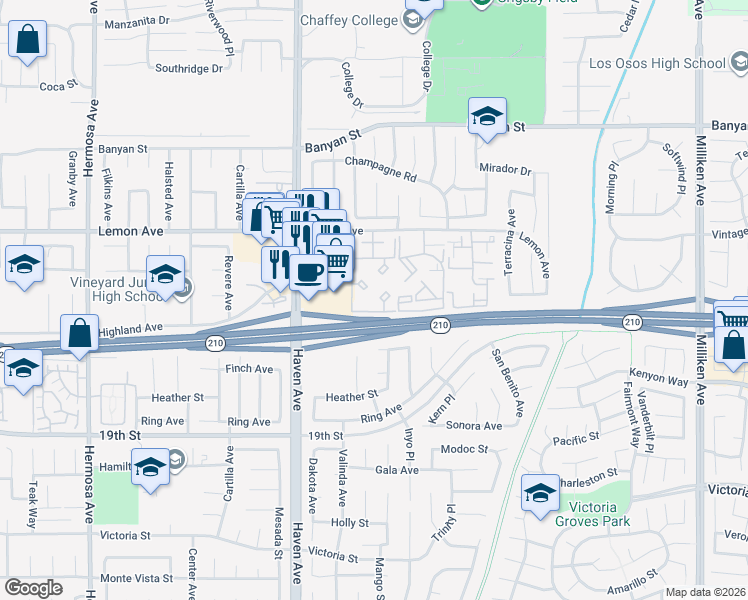 map of restaurants, bars, coffee shops, grocery stores, and more near 10655 Lemon Avenue in Rancho Cucamonga