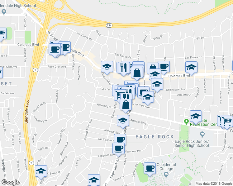 map of restaurants, bars, coffee shops, grocery stores, and more near 4958 Ellenwood Drive in Los Angeles