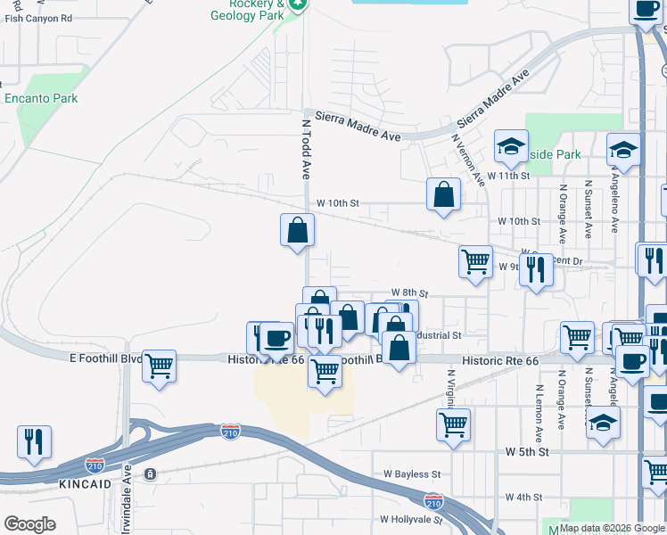 map of restaurants, bars, coffee shops, grocery stores, and more near 123 3rd Street in Azusa