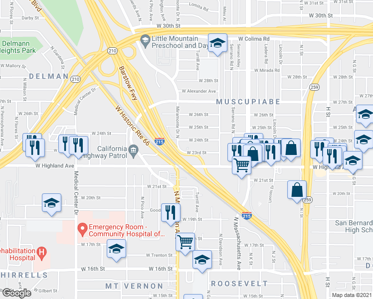 map of restaurants, bars, coffee shops, grocery stores, and more near 1286 West 23rd Street in San Bernardino