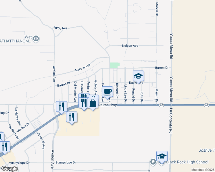 map of restaurants, bars, coffee shops, grocery stores, and more near 6414 Indio Avenue in Yucca Valley
