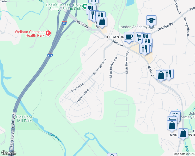 map of restaurants, bars, coffee shops, grocery stores, and more near 614 Sweet Bay Ridge in Woodstock
