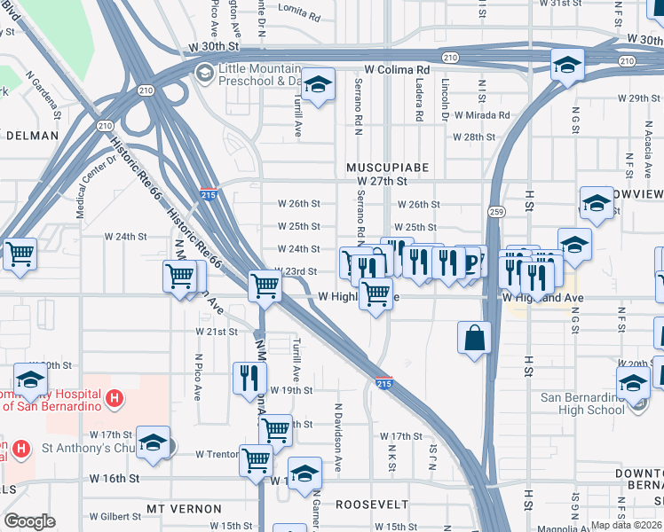 map of restaurants, bars, coffee shops, grocery stores, and more near 1208 West 23rd Street in San Bernardino