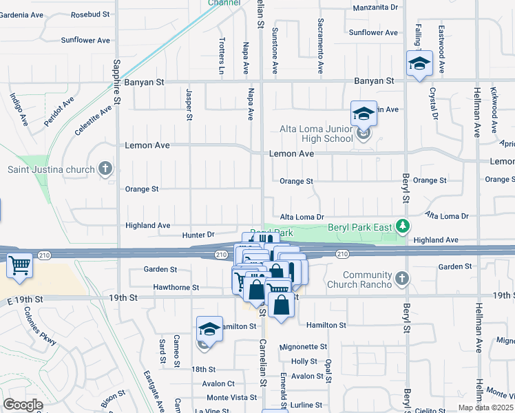 map of restaurants, bars, coffee shops, grocery stores, and more near 6455 Napa Avenue in Rancho Cucamonga