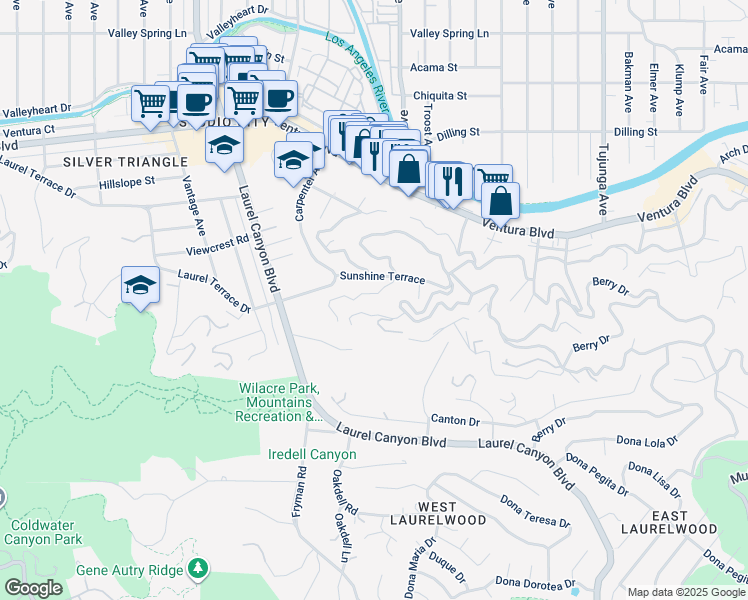map of restaurants, bars, coffee shops, grocery stores, and more near 11765 Laurelcrest Drive in Los Angeles