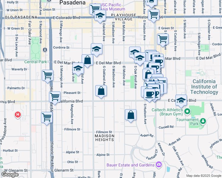 map of restaurants, bars, coffee shops, grocery stores, and more near 495 South Madison Avenue in Pasadena