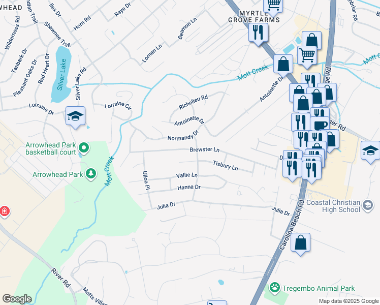 map of restaurants, bars, coffee shops, grocery stores, and more near 632 Brewster Lane in Wilmington