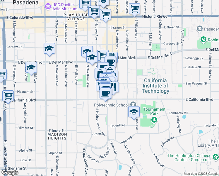 map of restaurants, bars, coffee shops, grocery stores, and more near 517 South Lake Avenue in Pasadena