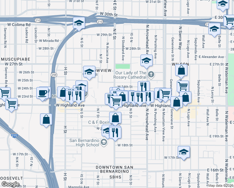 map of restaurants, bars, coffee shops, grocery stores, and more near 492 West 23rd Street in San Bernardino