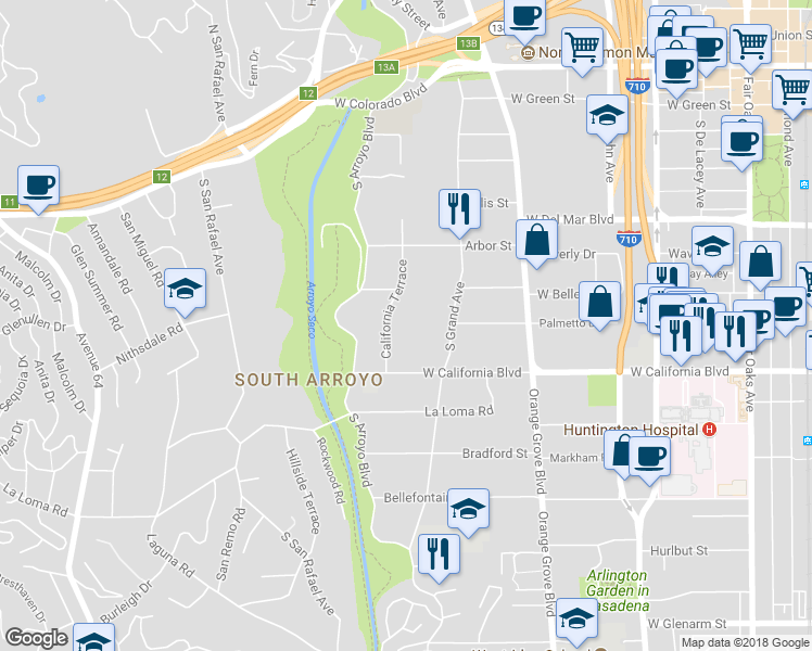 map of restaurants, bars, coffee shops, grocery stores, and more near 494 California Terrace in Pasadena