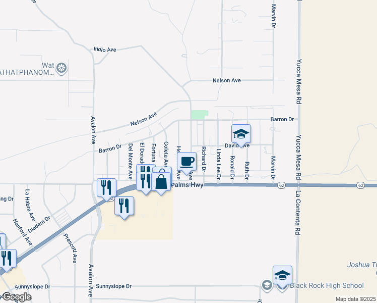 map of restaurants, bars, coffee shops, grocery stores, and more near 6414 Indio Avenue in Yucca Valley