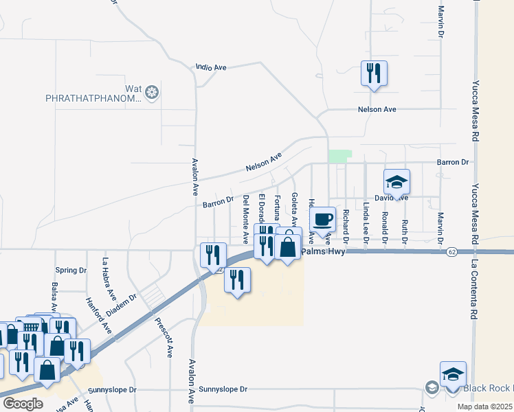 map of restaurants, bars, coffee shops, grocery stores, and more near 6388 El Dorado Avenue in Yucca Valley