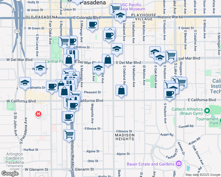 map of restaurants, bars, coffee shops, grocery stores, and more near 485 South Los Robles Avenue in Pasadena