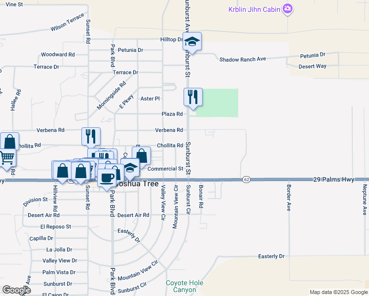 map of restaurants, bars, coffee shops, grocery stores, and more near 6370 Sunburst Street in Joshua Tree