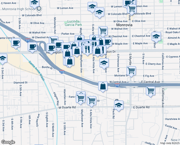 map of restaurants, bars, coffee shops, grocery stores, and more near 1325 South Alta Vista Avenue in Monrovia