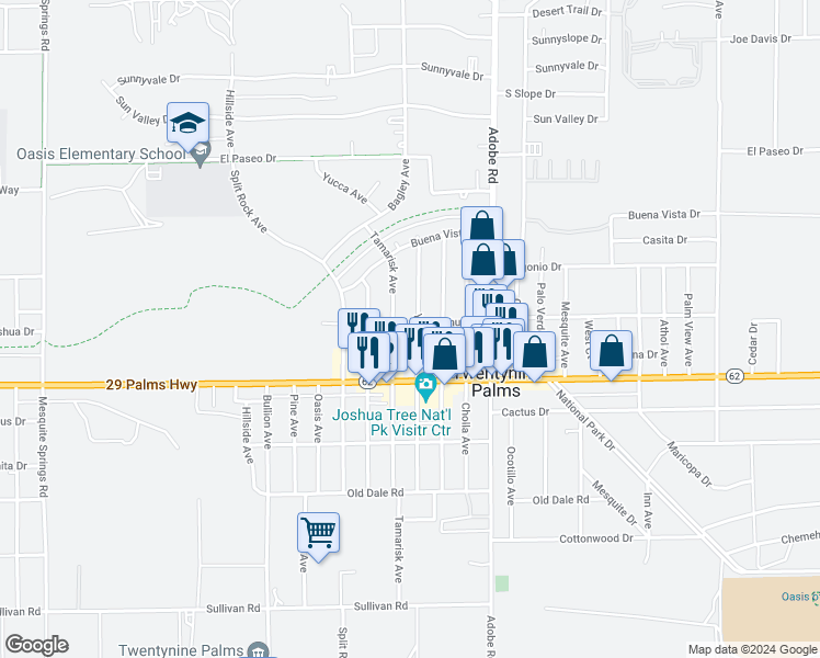 map of restaurants, bars, coffee shops, grocery stores, and more near 6402 Yucca Avenue in Twentynine Palms