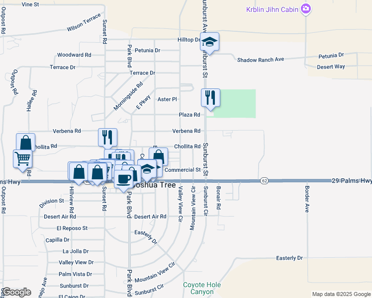map of restaurants, bars, coffee shops, grocery stores, and more near 62023 Chollita Road in Joshua Tree