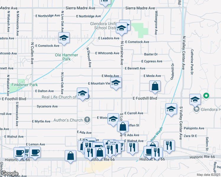 map of restaurants, bars, coffee shops, grocery stores, and more near 1019 East Dalton Avenue in Glendora