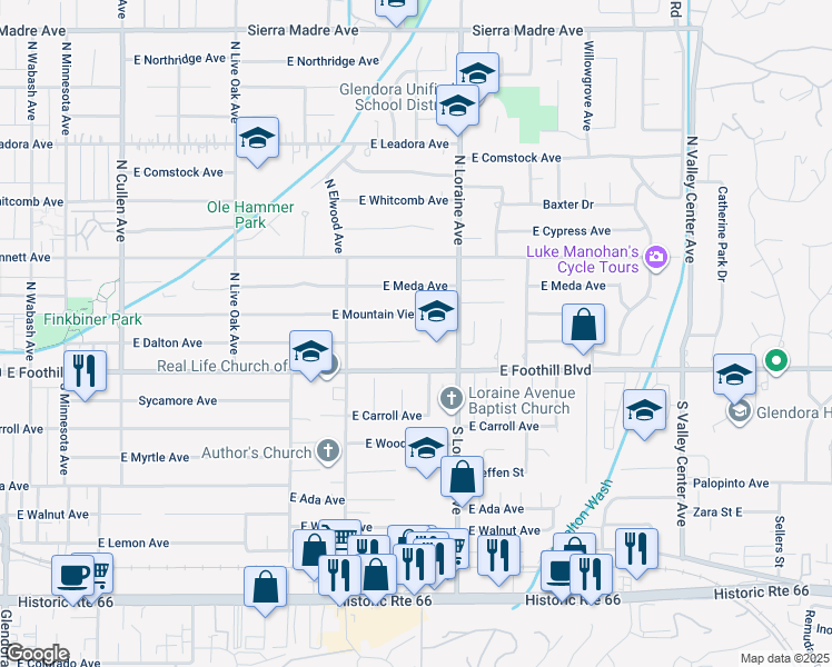 map of restaurants, bars, coffee shops, grocery stores, and more near 1019 East Dalton Avenue in Glendora