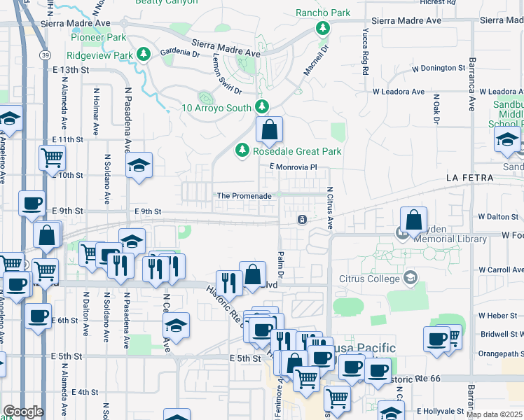 map of restaurants, bars, coffee shops, grocery stores, and more near 821 Cassia Lane in Azusa