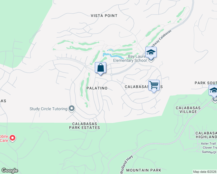 map of restaurants, bars, coffee shops, grocery stores, and more near 24819 Alexandra Court in Calabasas