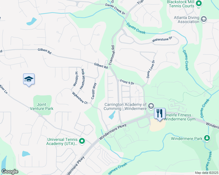 map of restaurants, bars, coffee shops, grocery stores, and more near 3125 Crooked Stick Drive in Cumming
