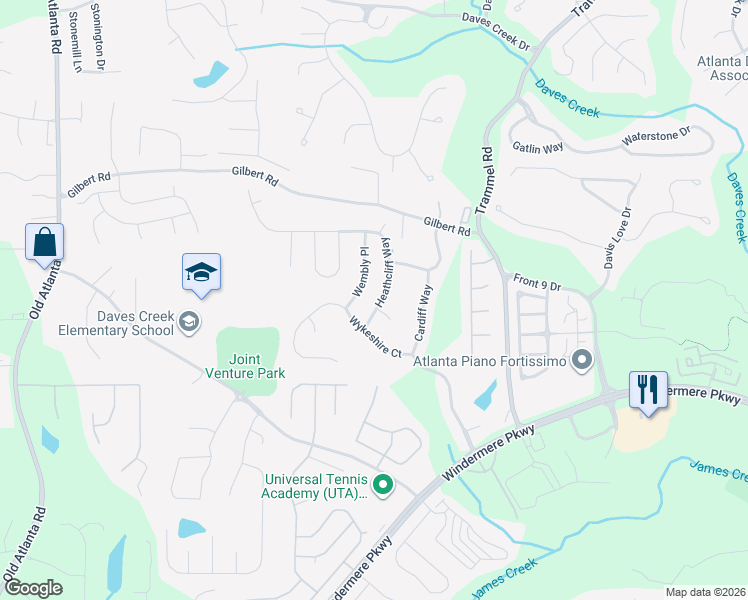 map of restaurants, bars, coffee shops, grocery stores, and more near 4415 Heathcliff Way in Cumming