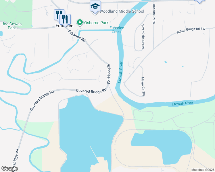 map of restaurants, bars, coffee shops, grocery stores, and more near 308 Covered Bridge Road in Euharlee