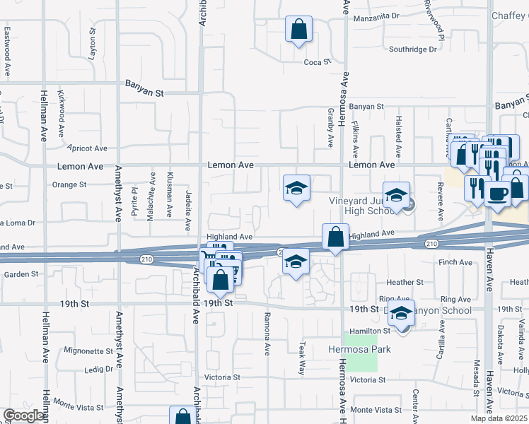 map of restaurants, bars, coffee shops, grocery stores, and more near in Rancho Cucamonga