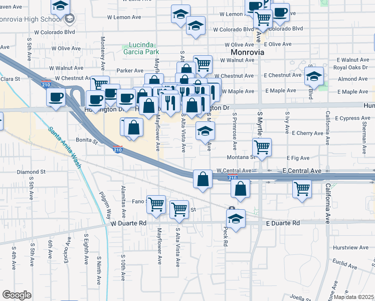 map of restaurants, bars, coffee shops, grocery stores, and more near 1353 South Magnolia Avenue in Monrovia