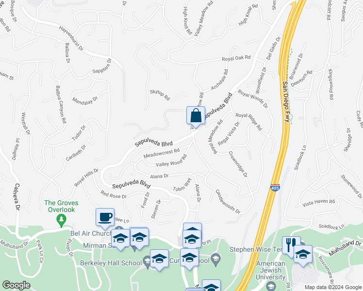 map of restaurants, bars, coffee shops, grocery stores, and more near 15935 Meadowcrest Road in Los Angeles