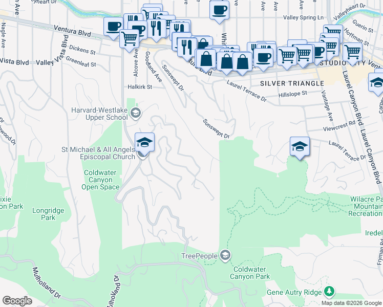 map of restaurants, bars, coffee shops, grocery stores, and more near 3670 Avenida Del Sol in Los Angeles
