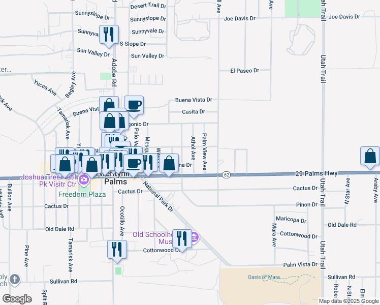 map of restaurants, bars, coffee shops, grocery stores, and more near 6433 Athol Avenue in Twentynine Palms