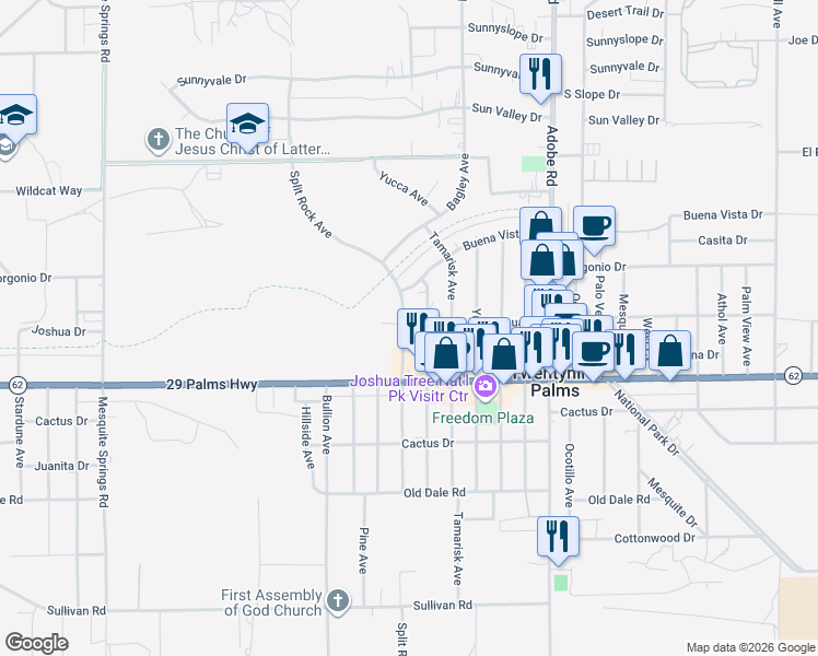map of restaurants, bars, coffee shops, grocery stores, and more near 6563 Oasis Avenue in Twentynine Palms