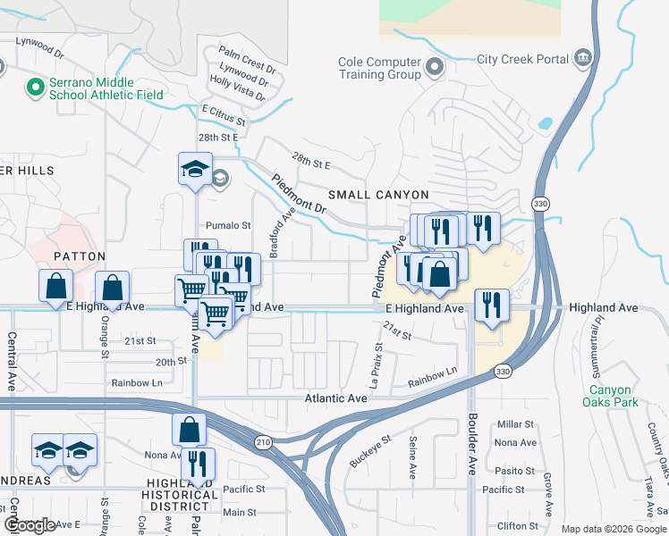 map of restaurants, bars, coffee shops, grocery stores, and more near 3905 Orchid Drive East in Highland