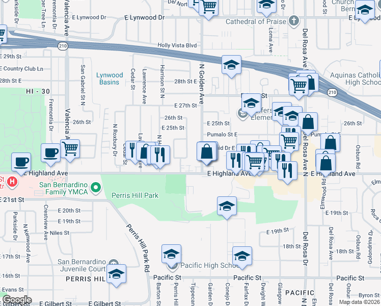map of restaurants, bars, coffee shops, grocery stores, and more near 2314 North Alameda Avenue in San Bernardino
