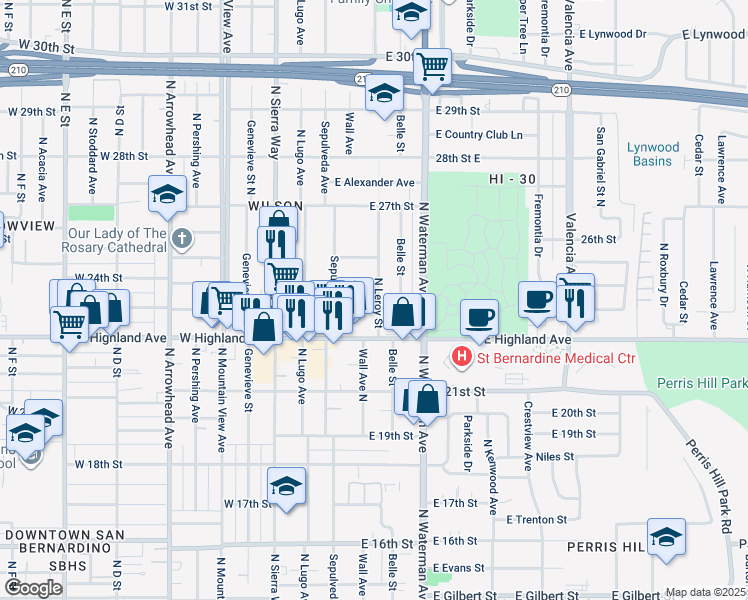 map of restaurants, bars, coffee shops, grocery stores, and more near 2301 North Leroy Street in San Bernardino