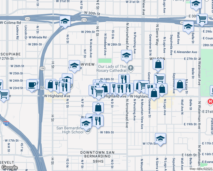map of restaurants, bars, coffee shops, grocery stores, and more near 431 West 23rd Street in San Bernardino