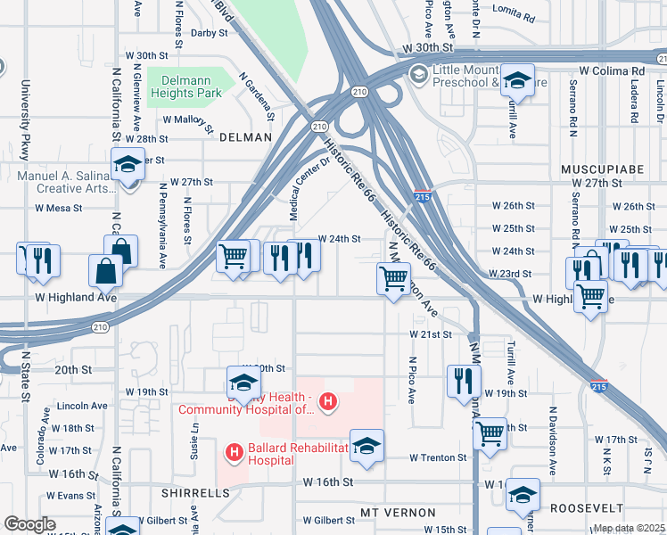 map of restaurants, bars, coffee shops, grocery stores, and more near 2295 Ramona Avenue in San Bernardino