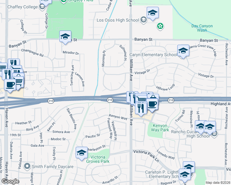 map of restaurants, bars, coffee shops, grocery stores, and more near 11189 Summerside Lane in Rancho Cucamonga