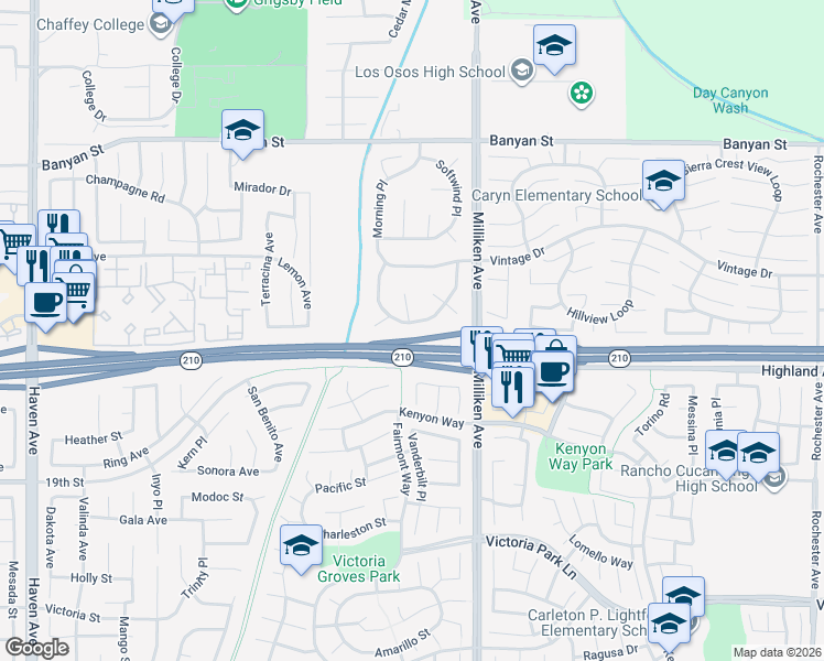 map of restaurants, bars, coffee shops, grocery stores, and more near 11189 Summerside Lane in Rancho Cucamonga