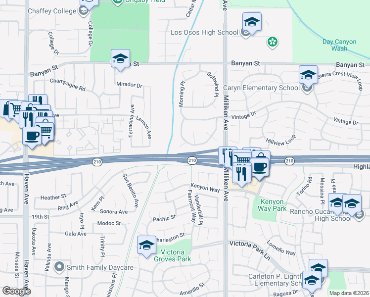 map of restaurants, bars, coffee shops, grocery stores, and more near 11117 Silver Sun Lane in Rancho Cucamonga