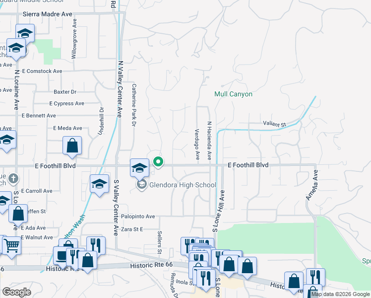 map of restaurants, bars, coffee shops, grocery stores, and more near 127 Verdugo Avenue in Glendora