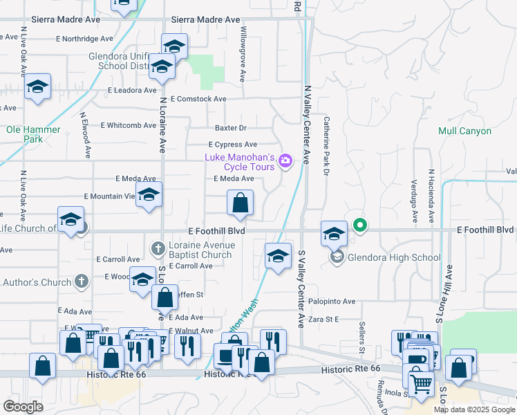 map of restaurants, bars, coffee shops, grocery stores, and more near 128 Underhill Drive in Glendora