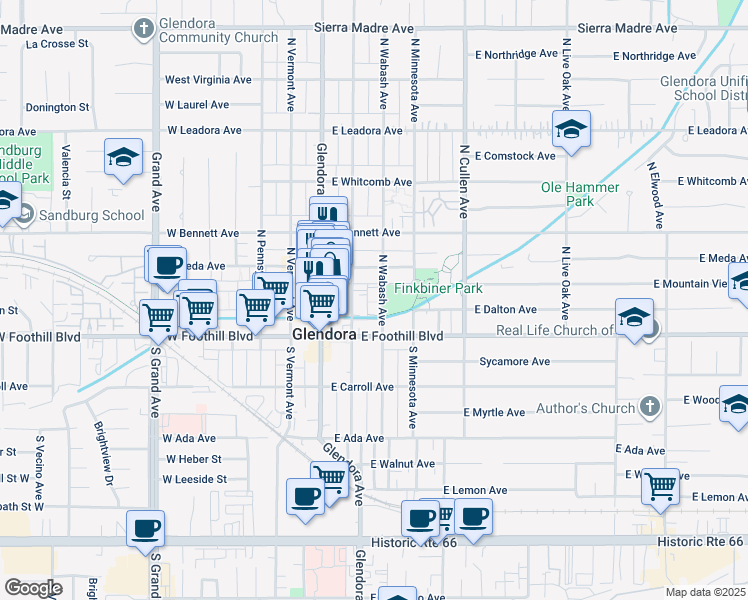 map of restaurants, bars, coffee shops, grocery stores, and more near 333 North Minnesota Avenue in Glendora