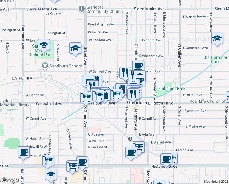 map of restaurants, bars, coffee shops, grocery stores, and more near 133 North Pennsylvania Avenue in Glendora