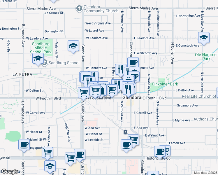 map of restaurants, bars, coffee shops, grocery stores, and more near 133 North Pennsylvania Avenue in Glendora