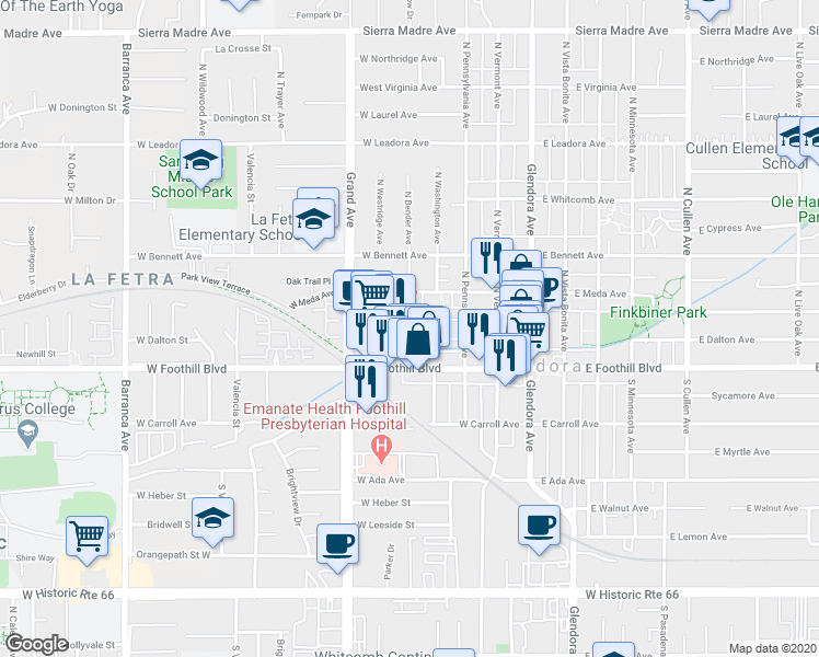 map of restaurants, bars, coffee shops, grocery stores, and more near 348 West Mountain View Avenue in Glendora