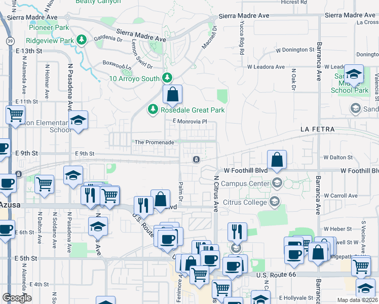 map of restaurants, bars, coffee shops, grocery stores, and more near 846 Iris Way in Azusa